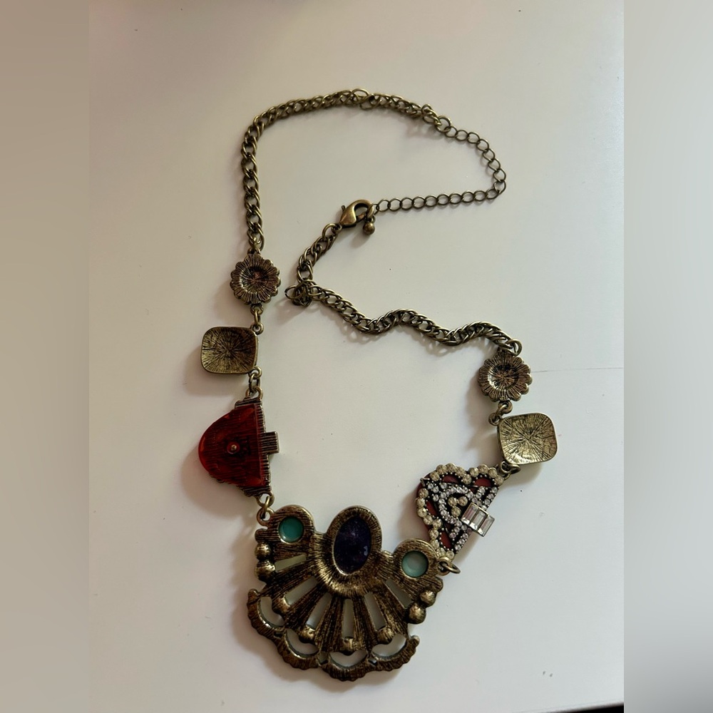 Gold Tone Diamanté Gemstone Multicolor Statement Necklace 90s Y2K - Picture 2 of 2